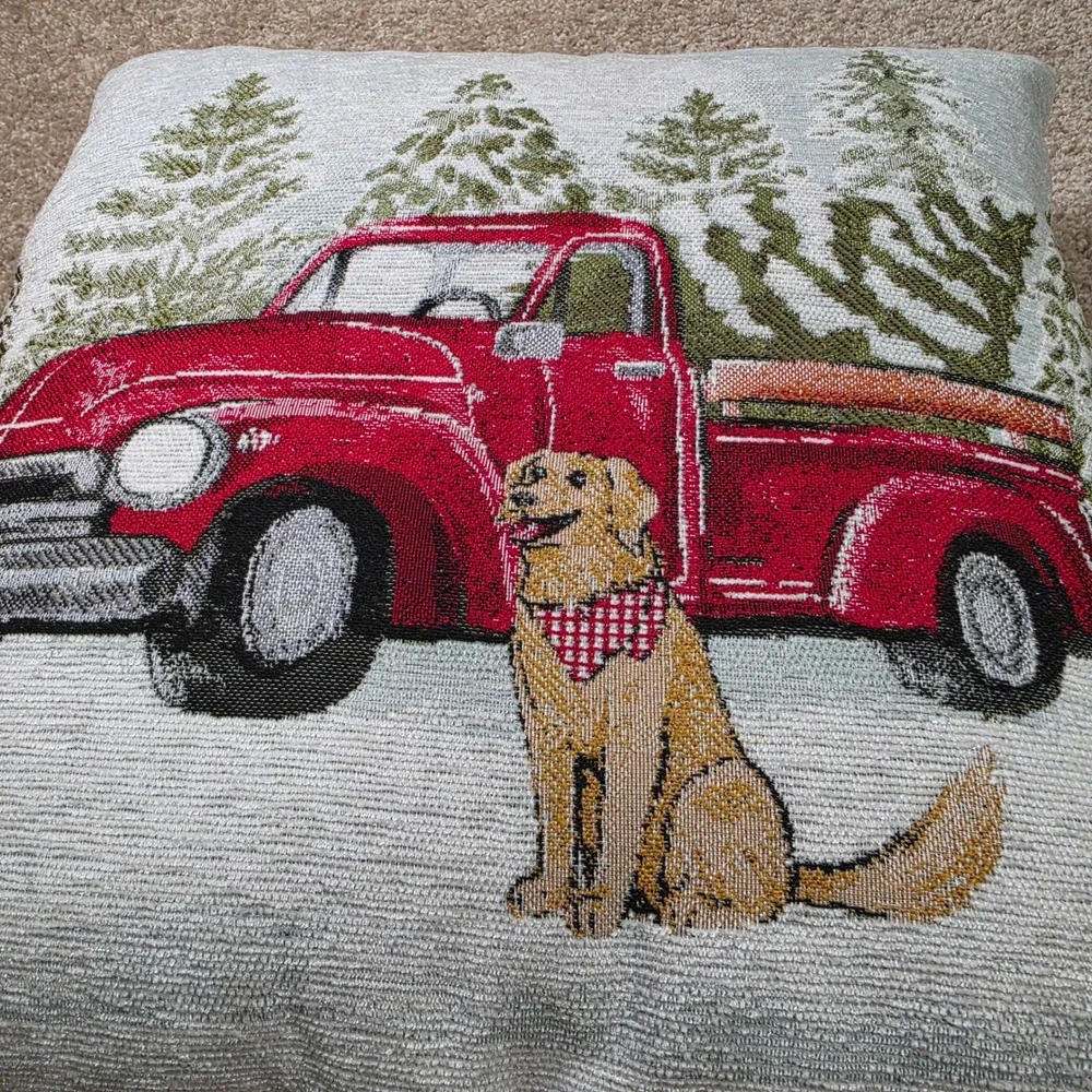 Christmas Throw Pillow Red Vintage Truck Dog Tree Tapestry Holiday 18x18
